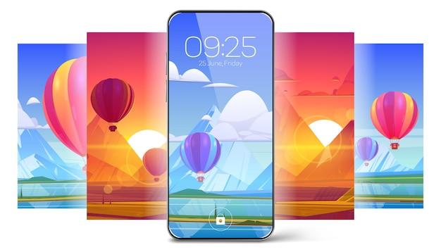 Free vector smartphone lock screen with hot air balloon on landscape background. mobile phone onboard page with date and time, digital cosmic wallpapers for cellphone device, cartoon user interface design set